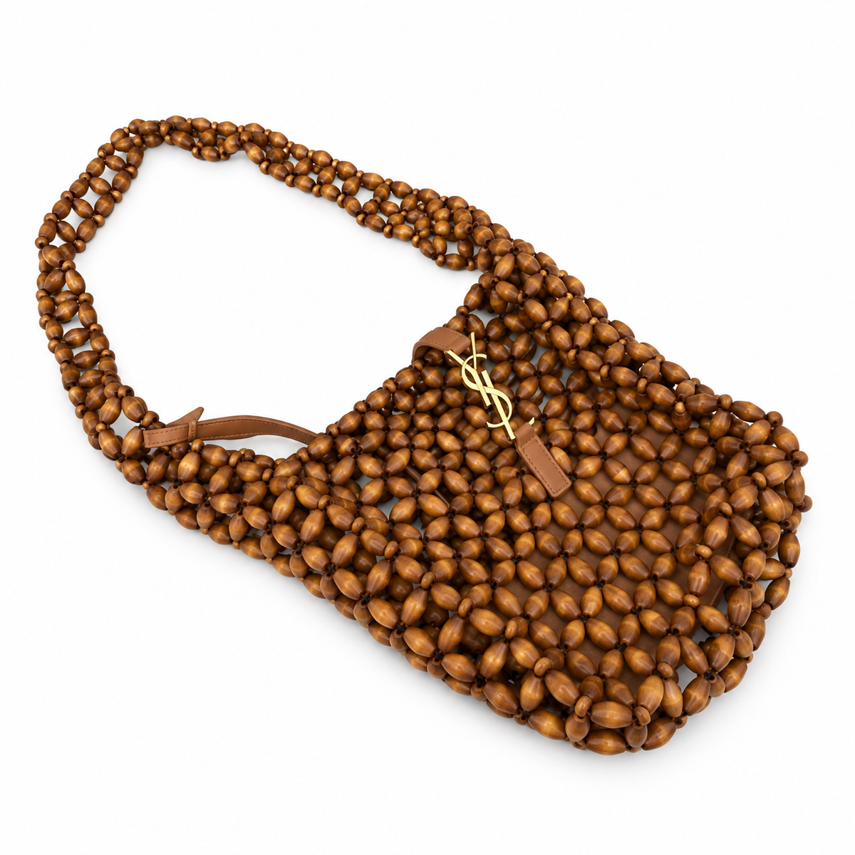 YSL Cassandre Beaded Wood Hobo Shoulder Bag Tan