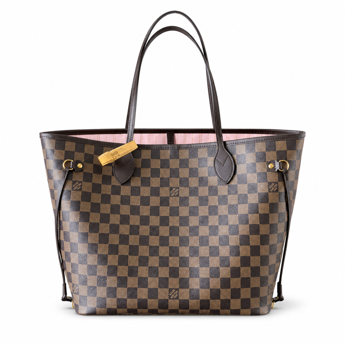 Louis Vuitton Neverfull MM Damier Ebene Canvas with Blush Pink Stripe Interior Lining and Gold Hardware