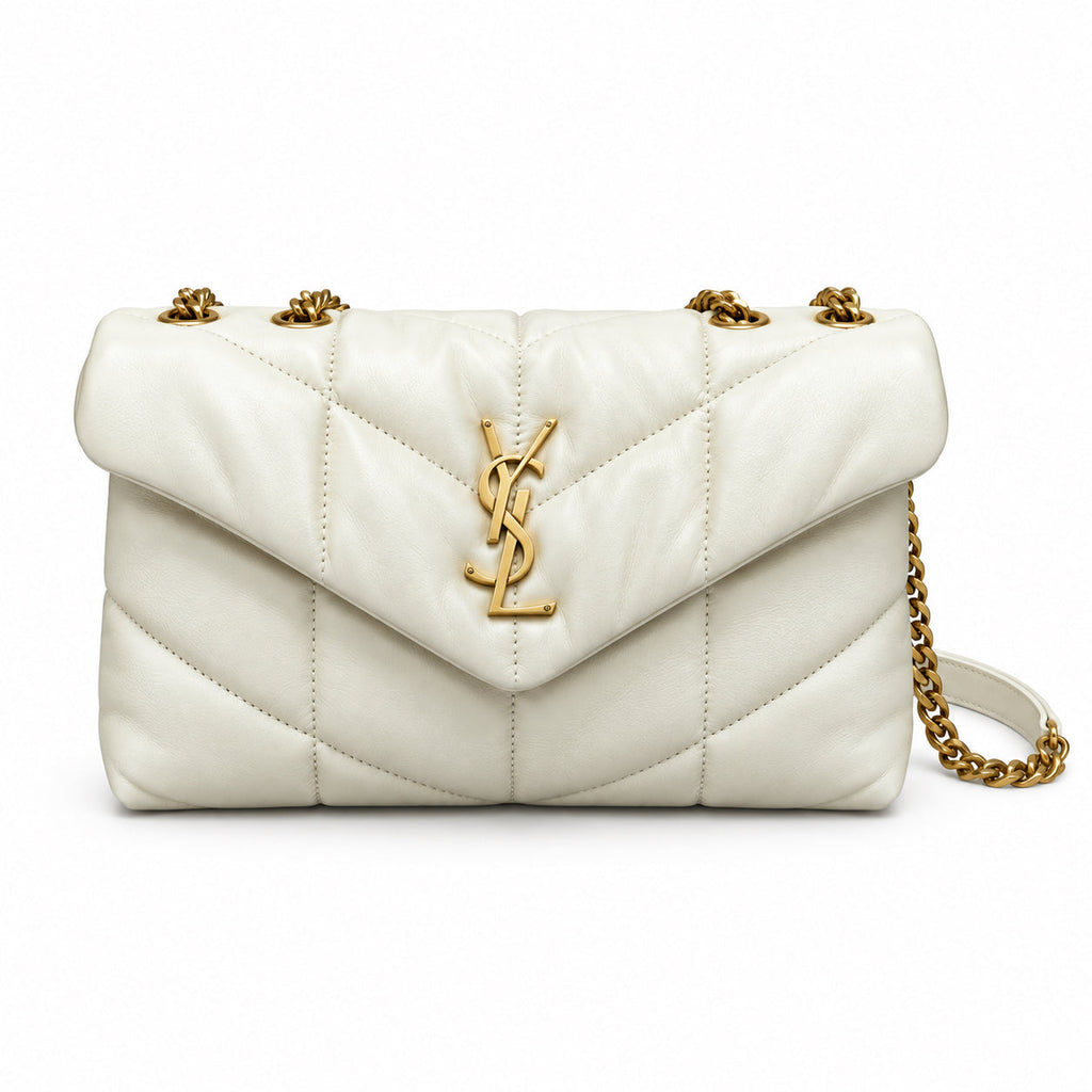 Saint Laurent YSL Loulou Puffer Bag in Cream Off-White Quilted Lambskin Leather with Antique Gold YSL Monogram Envelope Flap and Gold Chain Strap