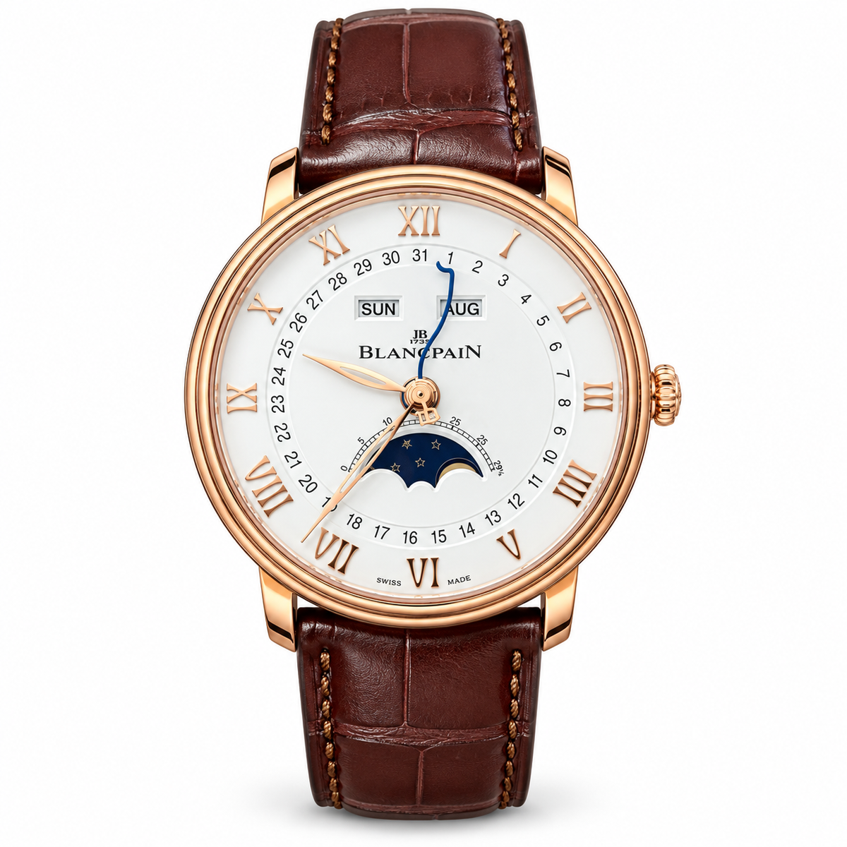 Blancpain Villeret Moonphase Full Calendar Rose Gold Blue Hands Brown Alligator Watch