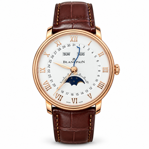 Blancpain Villeret full calendar moonphase rose gold white lacquer dial Roman numerals blue steel hands peripheral date brown alligator strap automatic watch