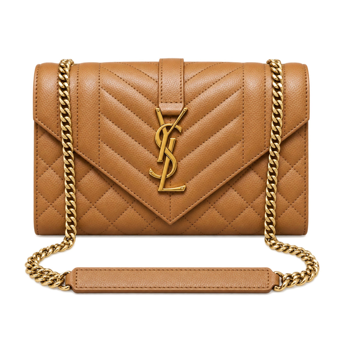 Saint Laurent YSL Envelope small chain crossbody bag in camel warm tan chevron quilted grained calfskin leather with oversized gold YSL monogram and gold curb chain with leather shoulder pad
