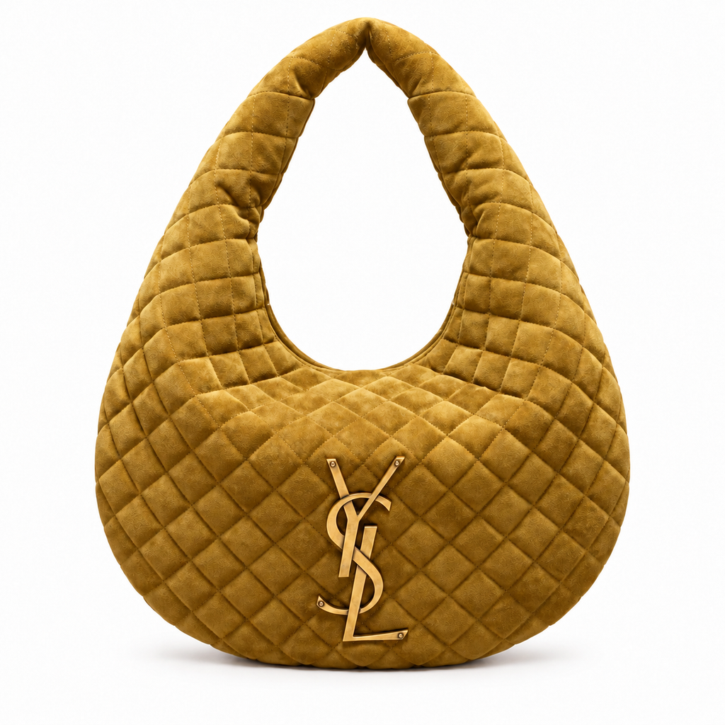 Saint Laurent mustard yellow diamond-quilted suede hobo shoulder bag with padded top handle and antique gold YSL monogram