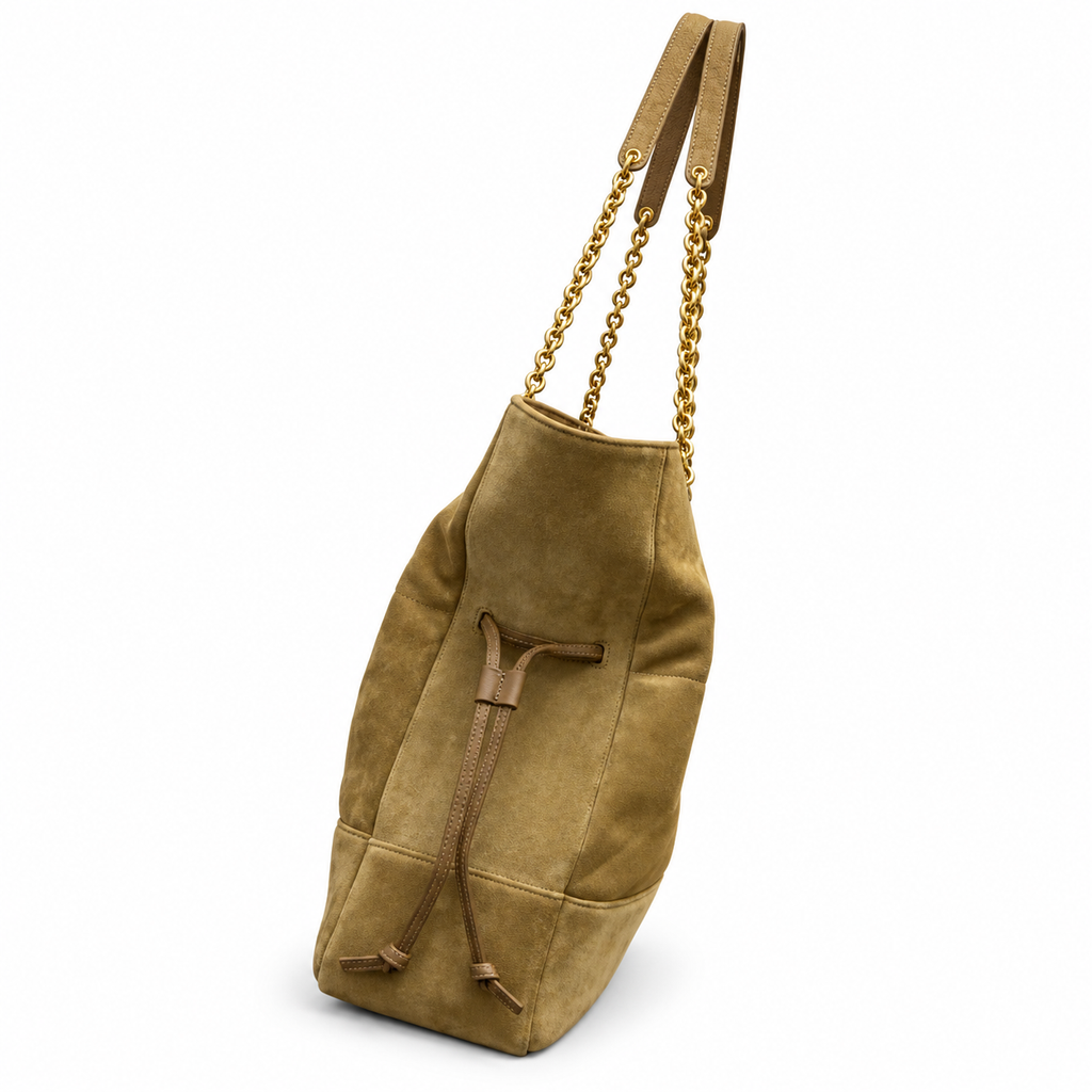 YSL Saint Laurent Bougeoir Drawstring Tote in Sand Quilted Suede