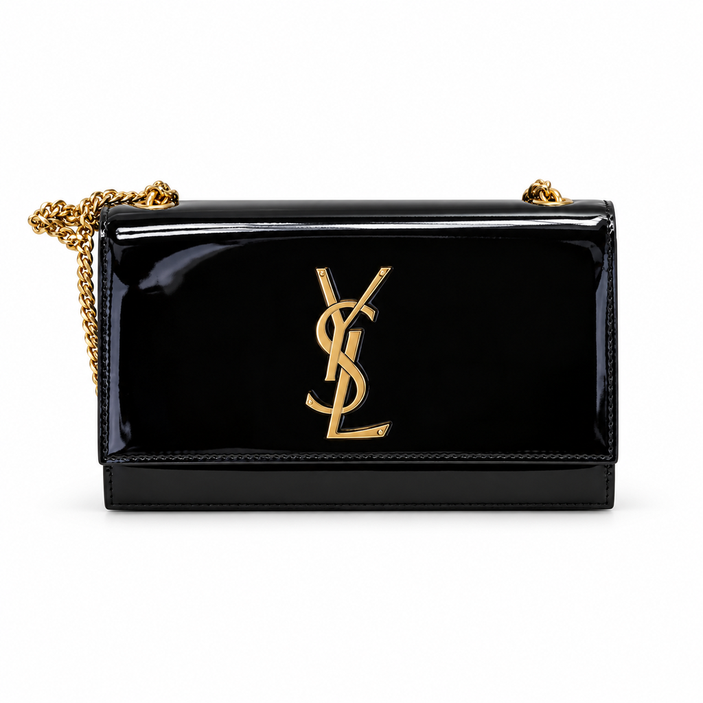 YSL Kate Medium Chain Bag Black Patent Leather Gold Monogram Saint Laurent