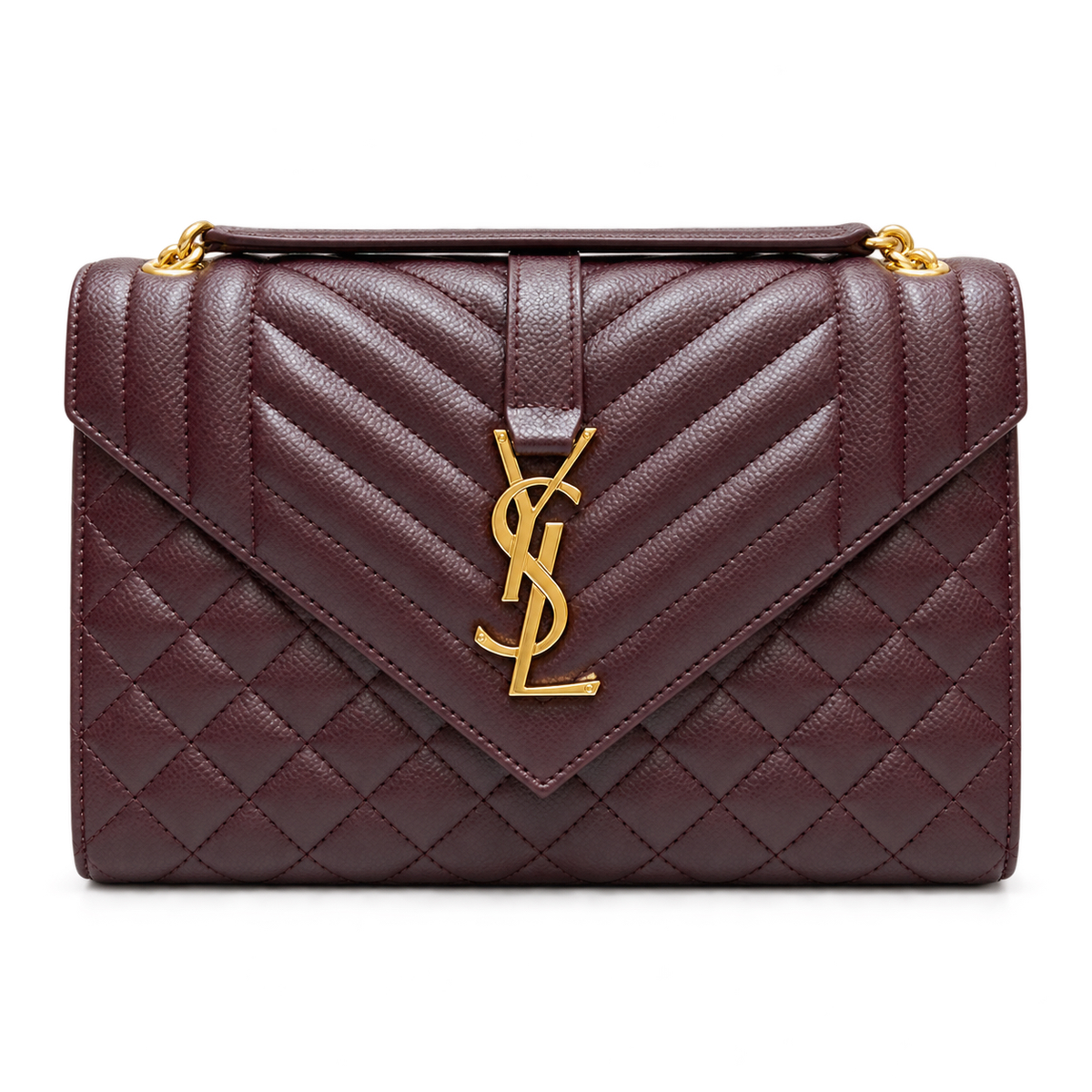 Saint Laurent YSL College Medium Bag in Burgundy Bordeaux Dark Wine Mix-Matelasse Quilted Grained Leather with Shiny Gold YSL Monogram Chevron Quilting Top Handle and Gold Curb Chain Strap