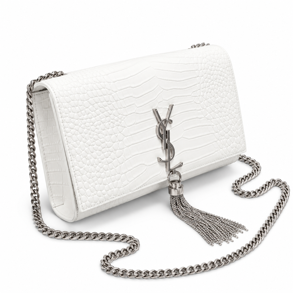 Saint Laurent YSL Kate Tassel Bag – White Croc Silver