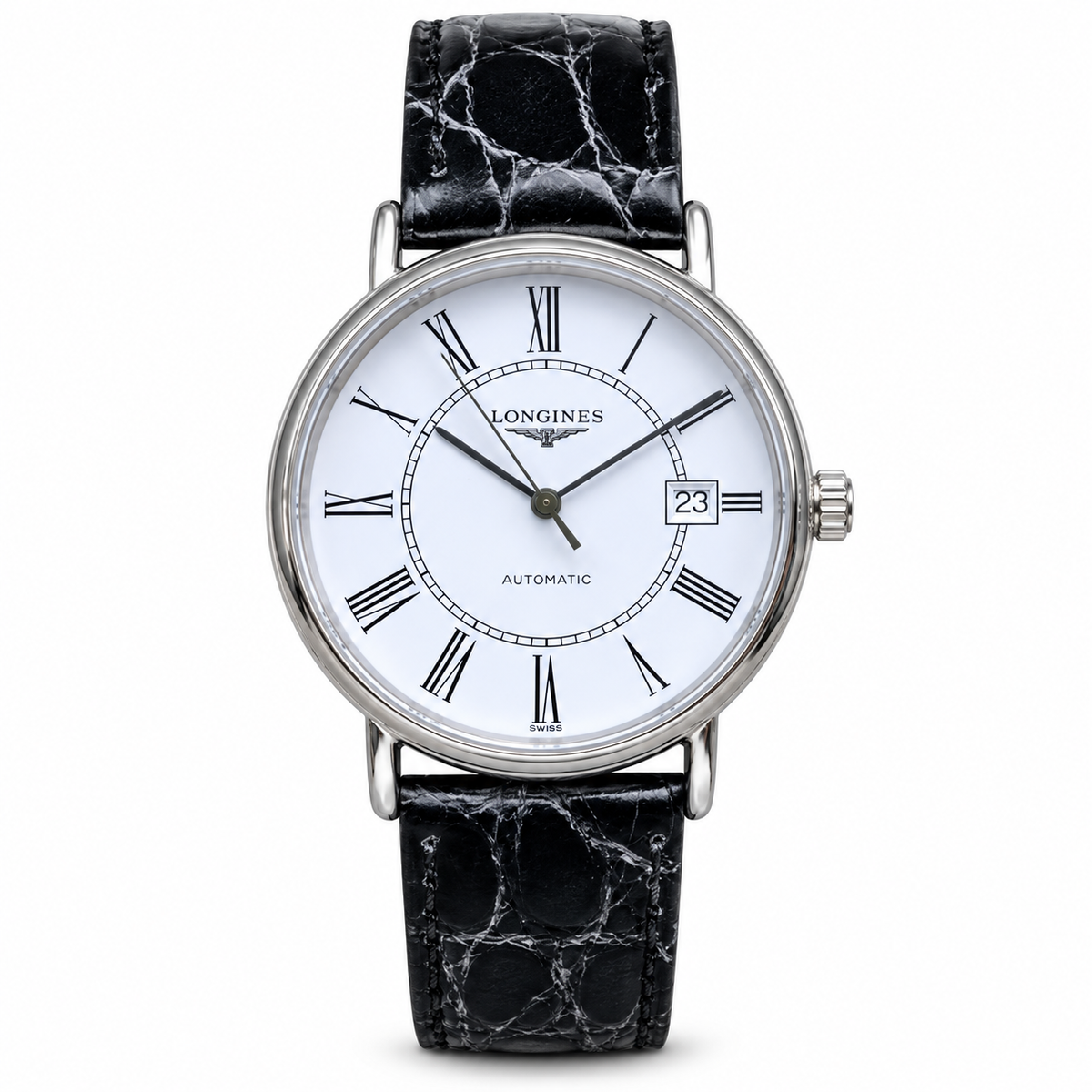 Longines Présence white lacquered dial Roman numerals slim steel case black crocodile leather strap automatic dress watch
