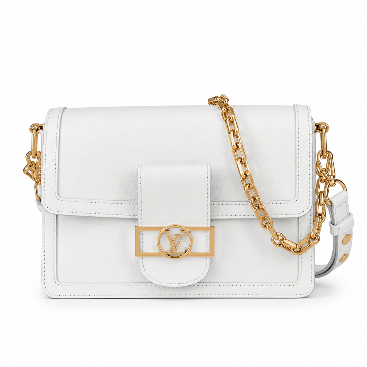 Louis Vuitton Dauphine MM White Smooth Leather Bag with Gold Chain Strap - Front View