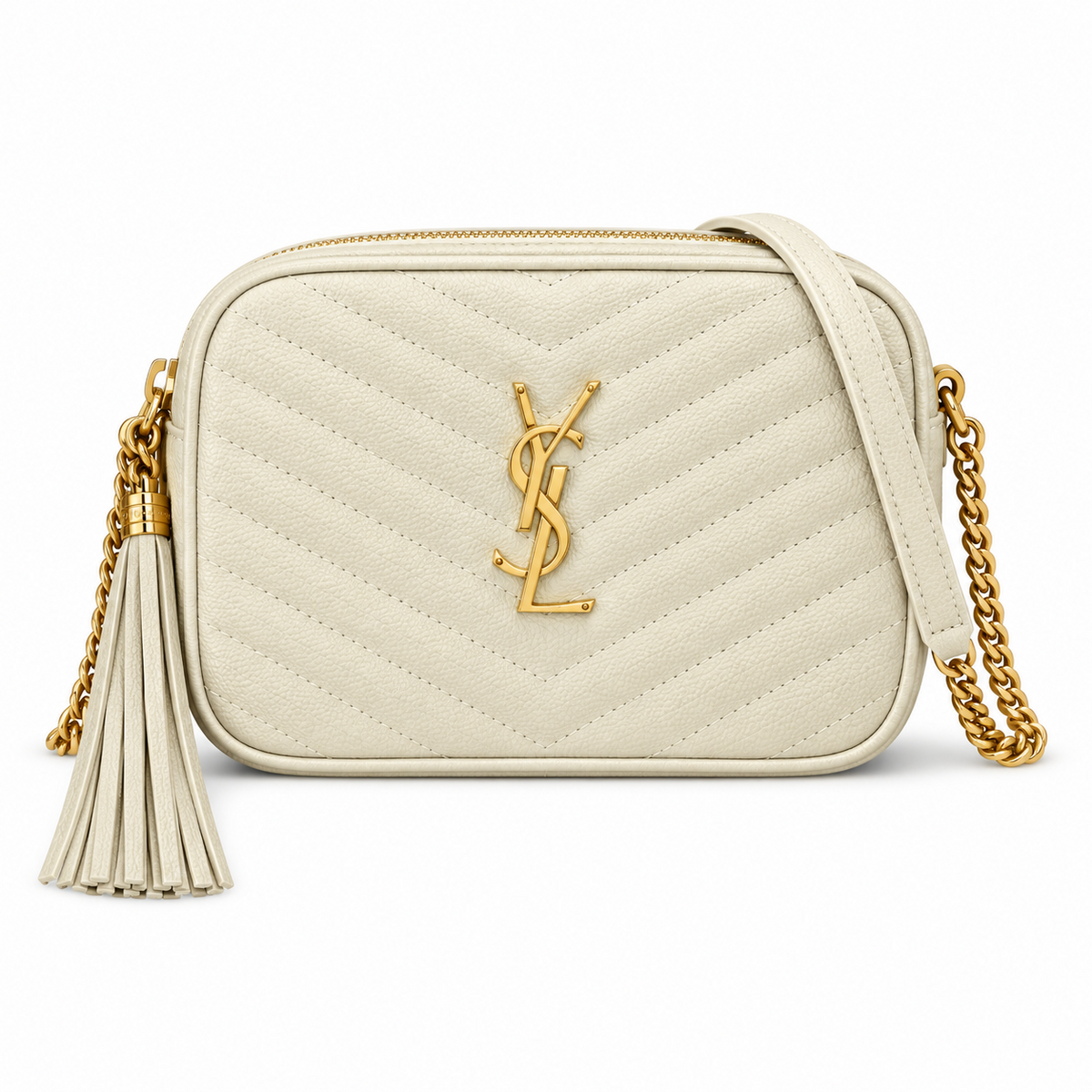 Saint Laurent YSL Lou Camera Bag in Cream Ivory Off-White Grained Leather with Gold YSL Monogram Chevron Quilting Cream Tassel and Gold Chain Strap