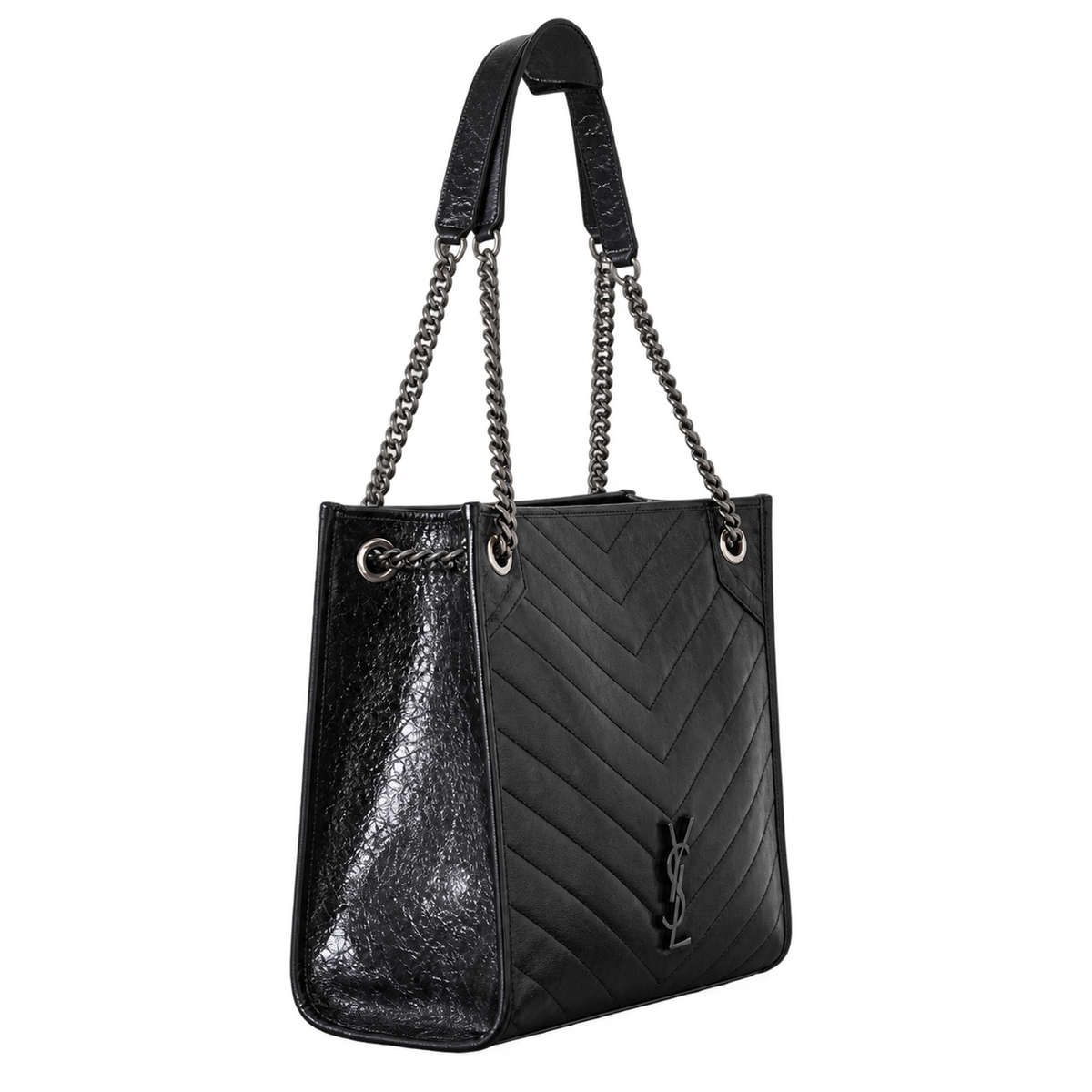 YSL Niki Shopping Bag in black chevron-quilted crinkled leather with dual gunmetal chain straps, flat leather top handle and all-black YSL monogram, side angle view