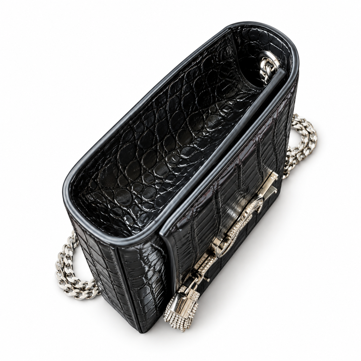 Saint Laurent YSL Kate Tassel Bag – Black Croc Silver Tassel