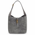 Saint Laurent YSL Le 37 structured hobo shoulder bag in grey slate suede calfskin with antique gold YSL monogram charm and single adjustable leather strap