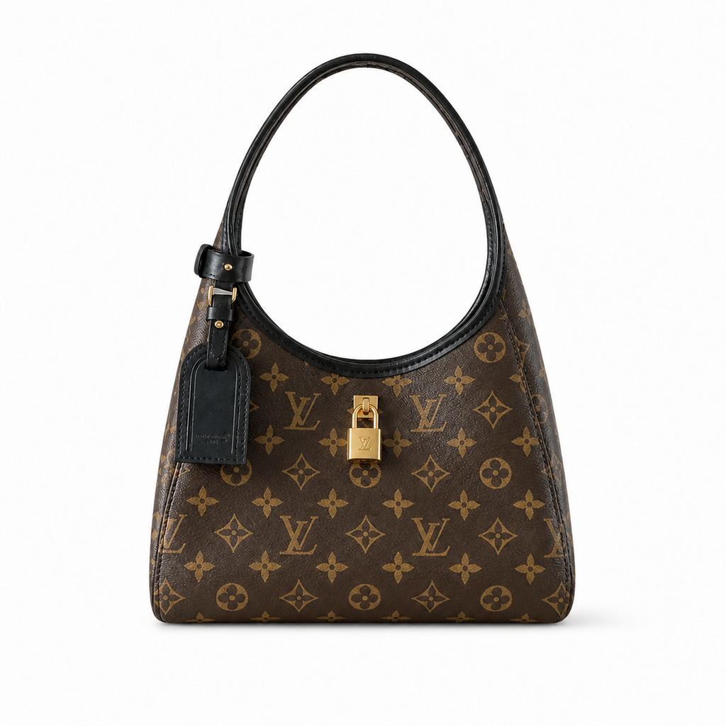 Louis Vuitton Flower Hobo bag in Monogram canvas with black leather trim, gold padlock charm and LV luggage tag